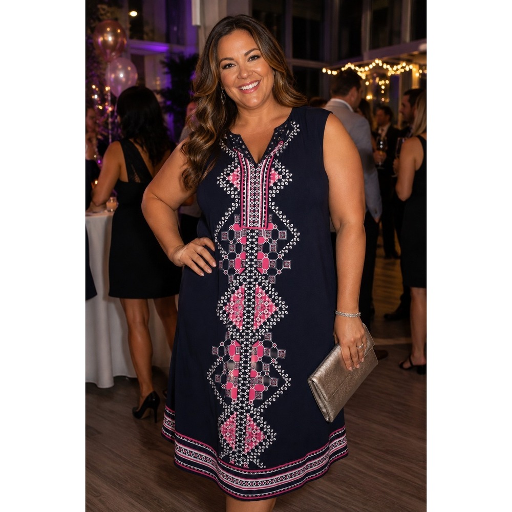 JM Collection Woman Dress 2X Navy Pink Geometric Sleeveless Shift Plus Size -75